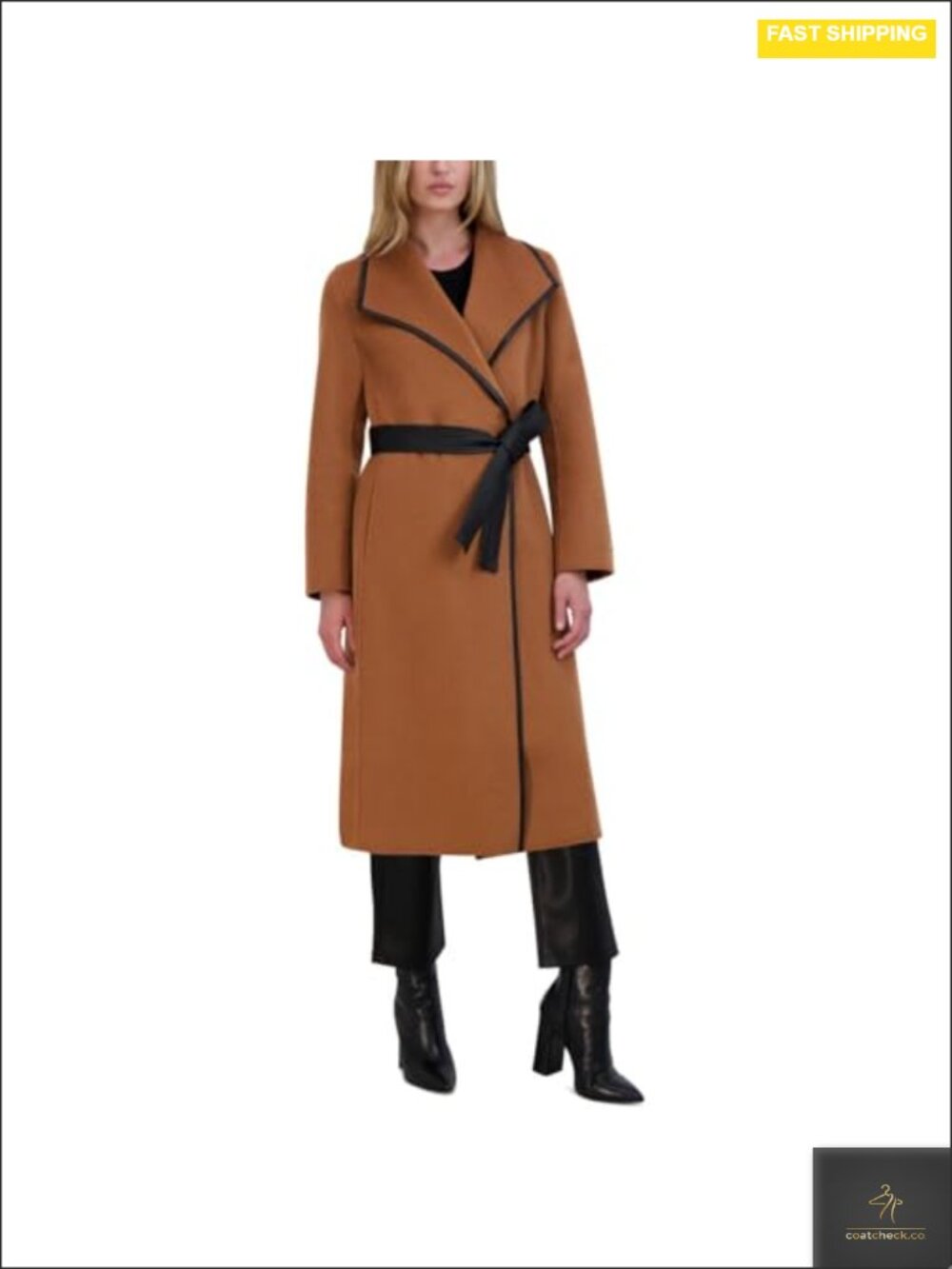 Long Wool Blend Wrap Coat with PU Leather Belt - Women's Outerwear
